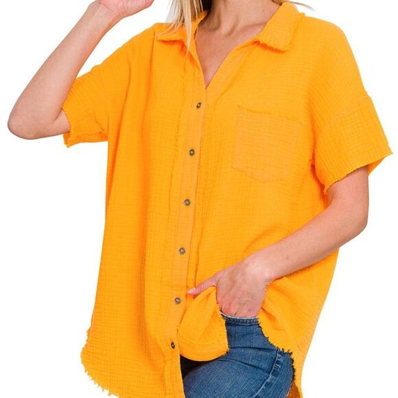 ZENANA Gauze Cotton Front Buttons Large Raw Edge Short Sleeve Mustard Shirt Top - Picture 1 of 9